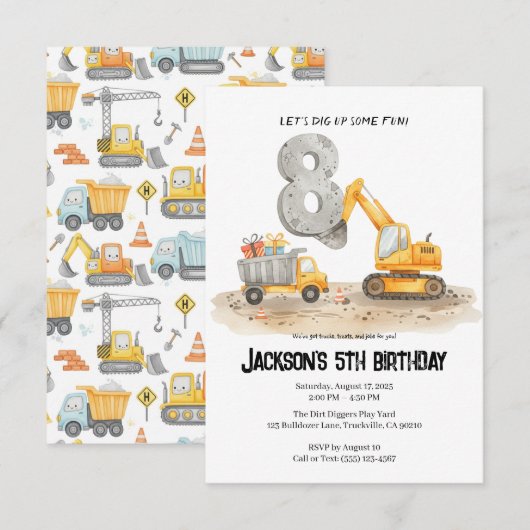 8e verjaardagsuitnodiging voor bouwlustige jongen kaart (Voorkant / Achterkant)