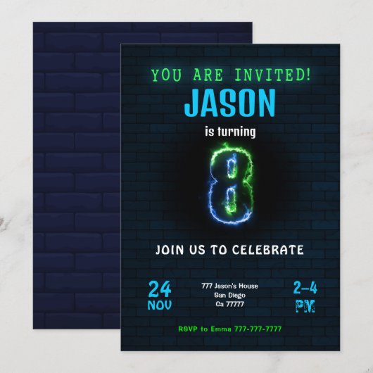 8e verjaardagsuitnodiging voor jongen kaart (Voorkant / Achterkant)