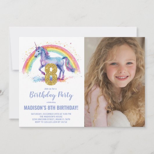 8ème Rainbow Unicorn Birthday Invitations photo (Devant)