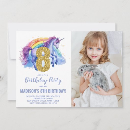 8ème Rainbow Unicorn Birthday Invitations photo (Devant)