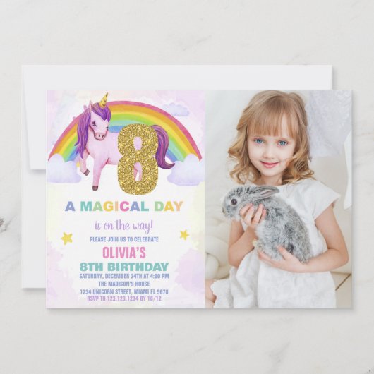 8ème Rainbow Unicorn Invitations Anniversaire avec (Devant)