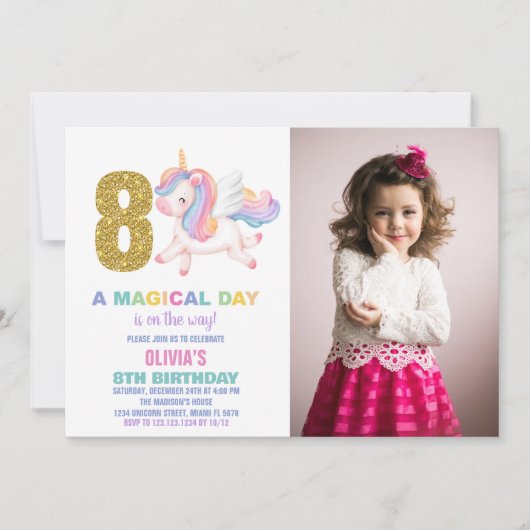 8ème Rainbow Unicorn Invitations Anniversaire avec (Devant)