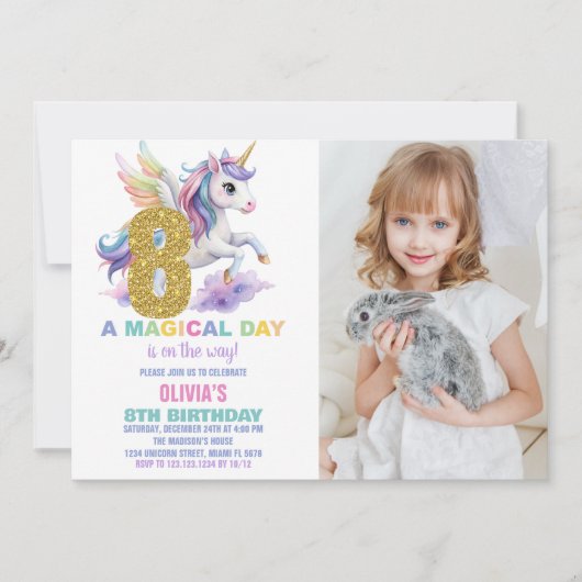 8ème Rainbow Unicorn Invitations Anniversaire avec (Devant)