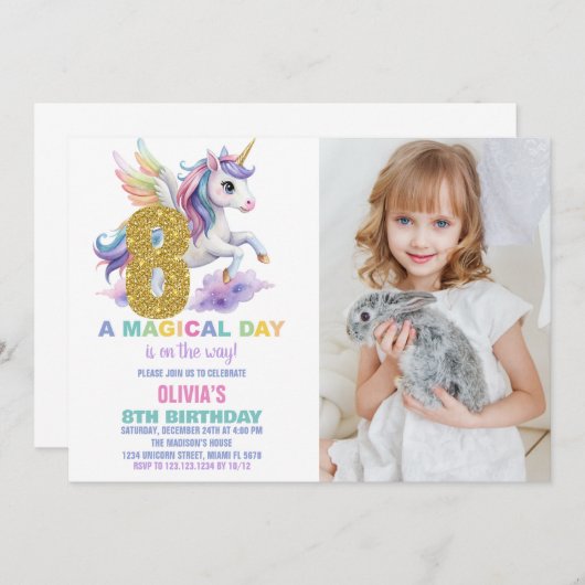 8ème Rainbow Unicorn Invitations Anniversaire avec (Devant / Derrière)