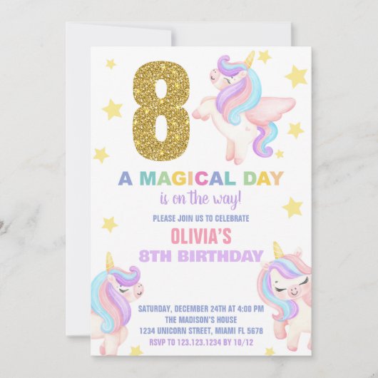 8ème Rainbow Unicorn Invitations Anniversaire Vol (Devant)