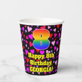 8th Birthday: Loving Hearts Pattern, Rainbow 8 Papieren Bekers (Achterkant)