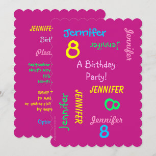 8th Birthday Party Invitation Hot Pink, namen Kaart