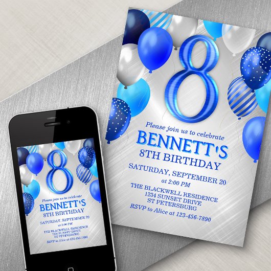8th Boys Blue Birthday Invitation