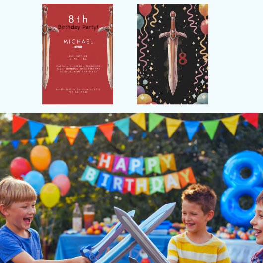 8th Swords Red Birthday Party Invitation Kaart