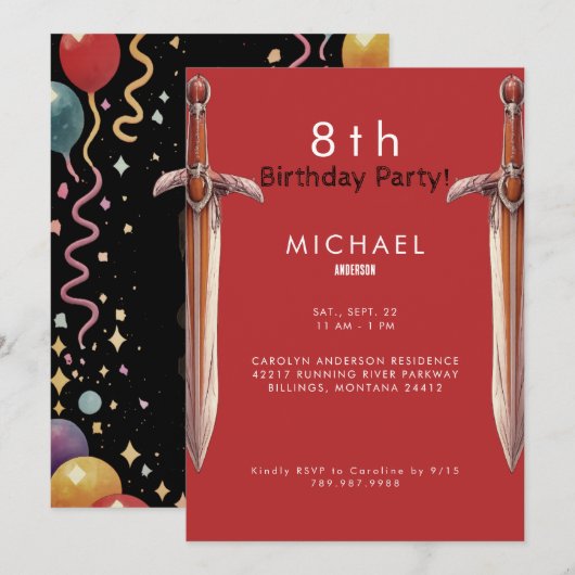 8th Swords Red Birthday Party Invitation Kaart (Voorkant / Achterkant)