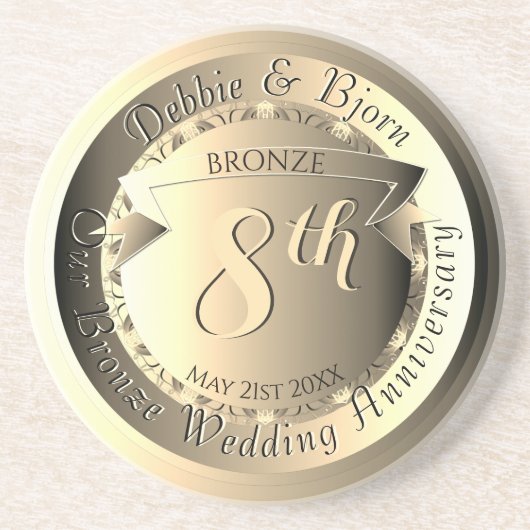 8th Wedding Anniversary Bronze Medallion Image Zandsteen Onderzetter (Voorkant)