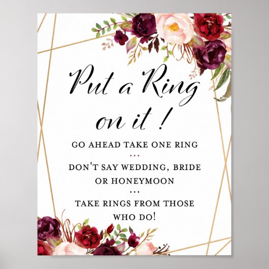 8x10" bordeauxrood boho bloem bruidsdouche bord poster (Voorkant)