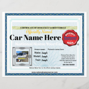 8x11 Nationale Naam Uw Auto officieel certificaat