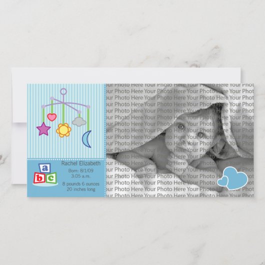 8x4 Faire-part photo de naissance Coeurs bleus (Devant)