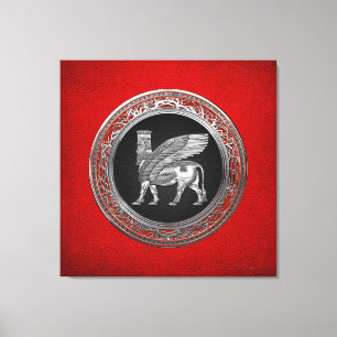 [900] Gevleugelde Stier Assyrian - Zilveren Canvas Afdruk