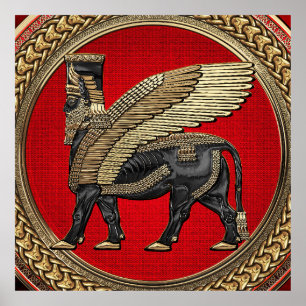 [901] Assyrian Winged Bull: Gold en Black Lamassu Poster