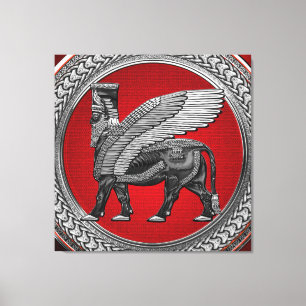 [901] Assyrische gevleugelde stier: zilver & zwart Canvas Afdruk