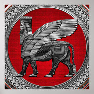 [901] Assyrische gevleugelde stier: zilver & zwart Poster