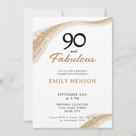 90 and Fabulous Gold 90th Birthday Invitation (Devant)