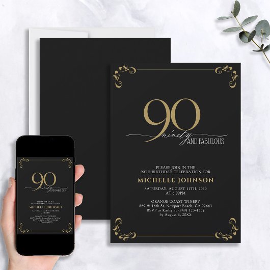 90 & Fabulous Black & Gold Calligraphy Birthday Kaart