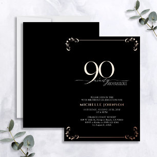 90 & Fabulous Black Roos Gold Calligraphy Birthday Folie Uitnodiging