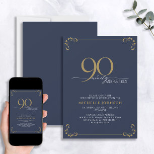 90 & Fabulous Blue & Gold Calligraphy Birthday Kaart