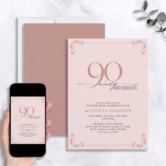 90 & Fabulous Blush Pink & Black Birthday Kaart