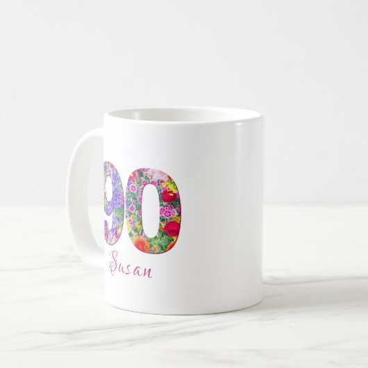 90 jaar verjaardagsfeestje bloemenontwerp mok (Voorkant links)