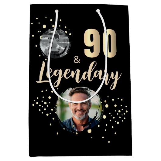 90 & Legendary 2 Photos 90th Birthday Gold Medium Cadeauzakje (Voorkant)
