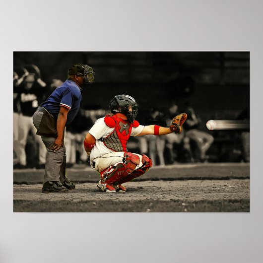 90 MPH Baseball op weg naar Catcher en UMP Poster (Voorkant)