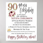 90 Year Birthday Poster For Mom<br><div class="desc">90th Birthday Poster For Mom.  Easy To Change The Sample Text To Your Own.</div>