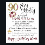 90 Year Birthday Poster For Mom<br><div class="desc">90th Birthday Poster For Mom.  Easy To Change The Sample Text To Your Own.</div>