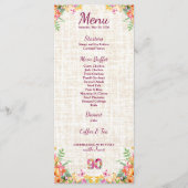 90 Years Flowers Floral 90th Birthday Linen Menu (Devant)