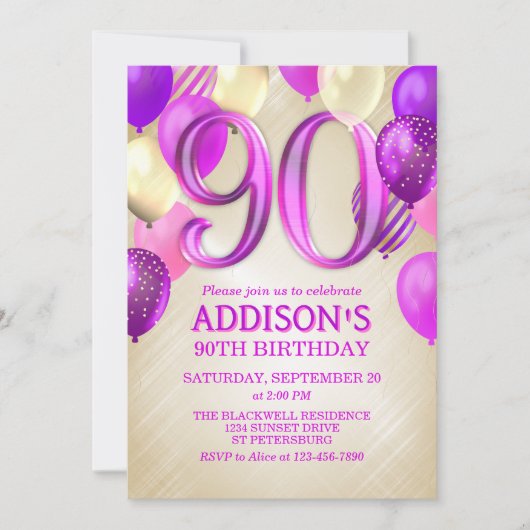 90e anniversaire Ballons roses Invitation (Devant)