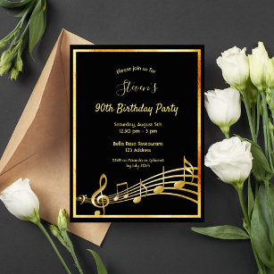 90e anniversaire Black gold music notes invitation