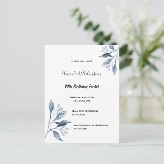 90e anniversaire blanc bleu botanique invitation (Debout devant)