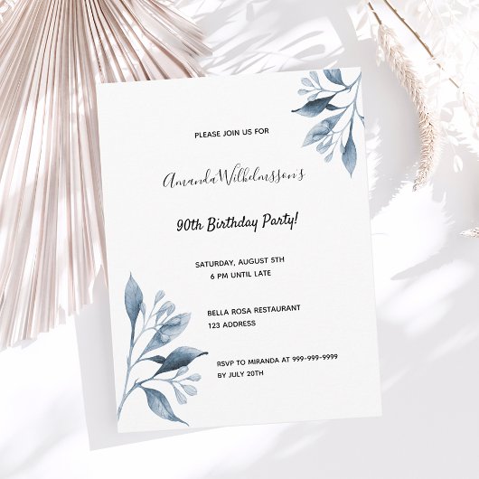 90e anniversaire blanc bleu botanique invitation