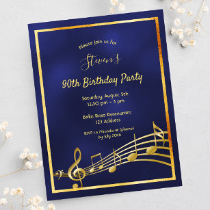 90e anniversaire bleu or musique notes invitation