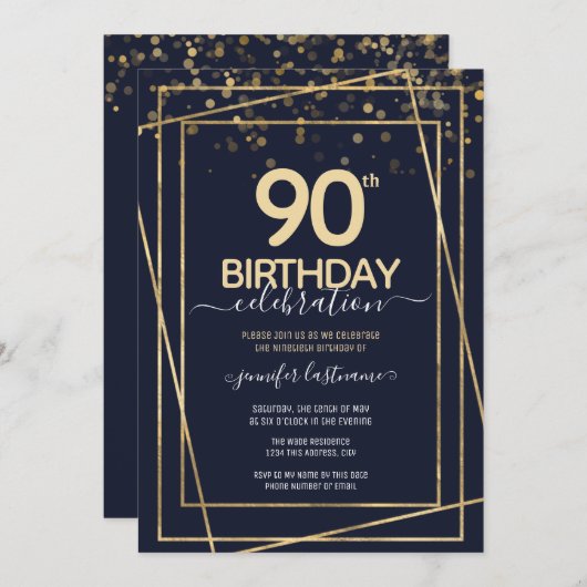 90e anniversaire Célébration bleu et or Invitation (Devant / Derrière)