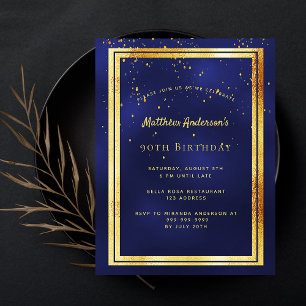 90e anniversaire fête bleu or brillant invitation