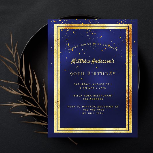 90e anniversaire fête bleu or brillant invitation