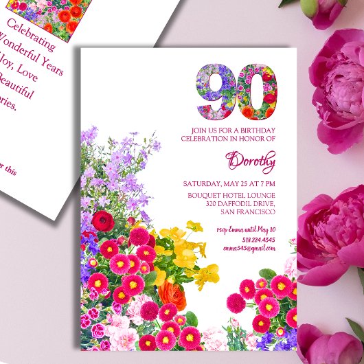 90e anniversaire fête florale moderne invitation 9