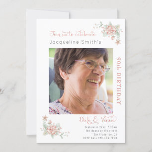 90e anniversaire Floral Photo Invitation