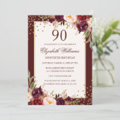 90e anniversaire Gold Bourgogne Floral Invitation (Debout devant)