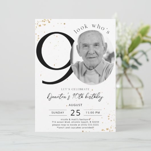 90e anniversaire Gold Invitation Card Photo (Debout devant)
