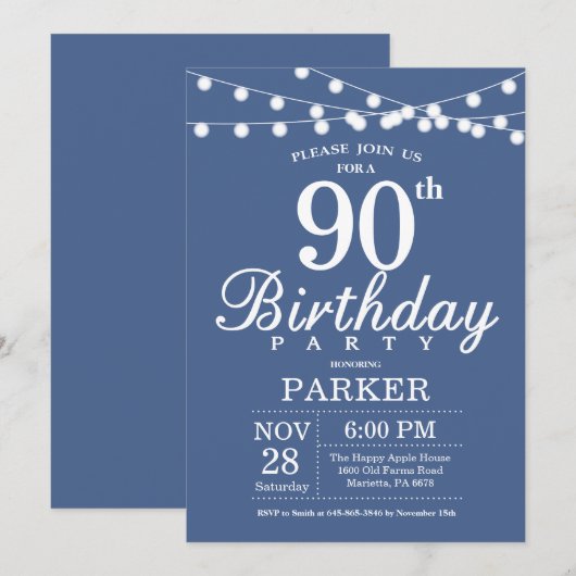90e anniversaire Invitation Bleu (Devant / Derrière)