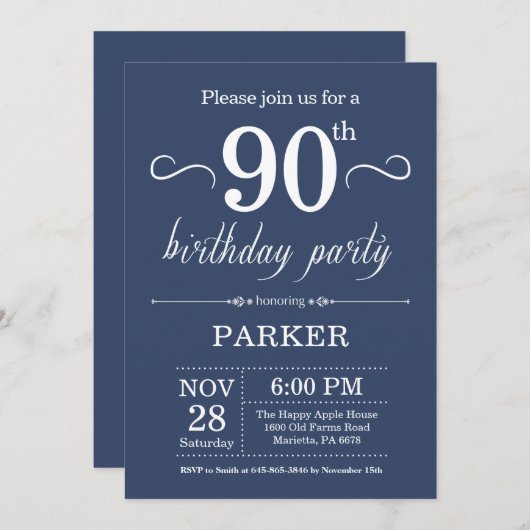 90e anniversaire Invitation Blue (Devant / Derrière)