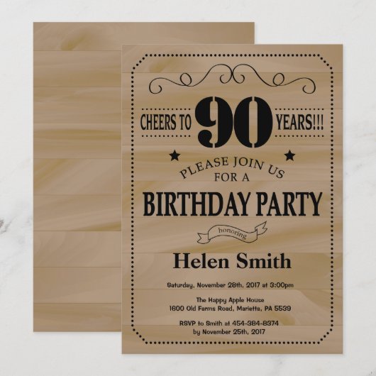 90e anniversaire Invitation Bois rustique (Devant / Derrière)