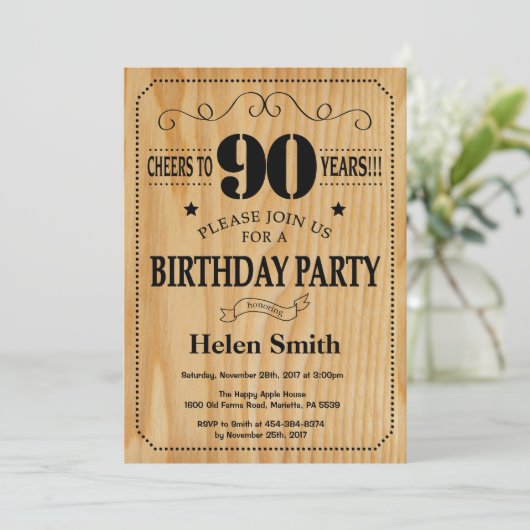 90e anniversaire Invitation Bois rustique (Debout devant)