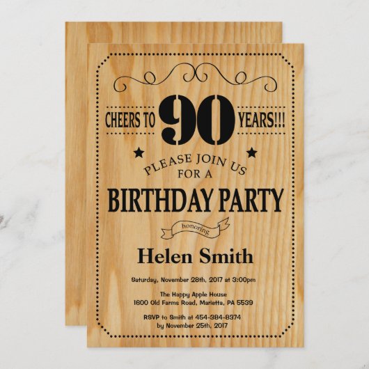 90e anniversaire Invitation Bois rustique (Devant / Derrière)